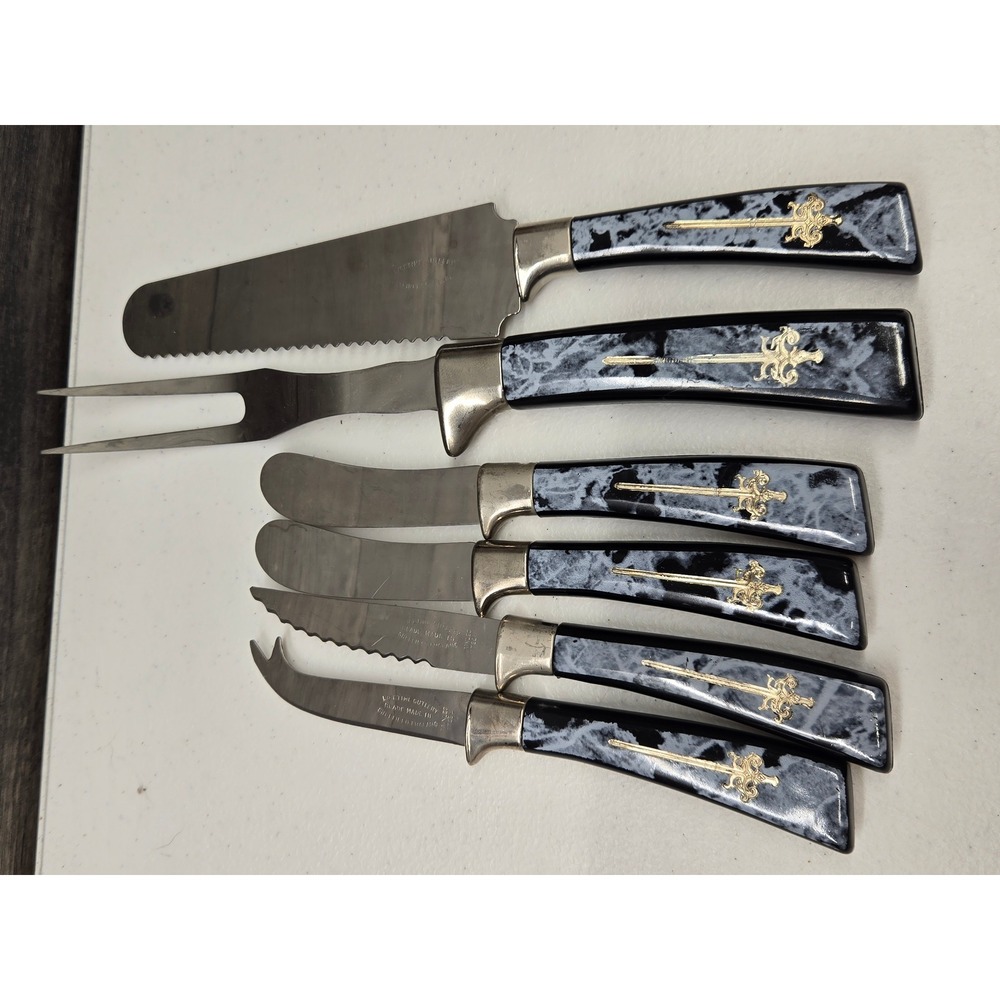 Vintage Lifetime Cutlery Sheffield England 6pc Serving Set Marbled Sword Handle